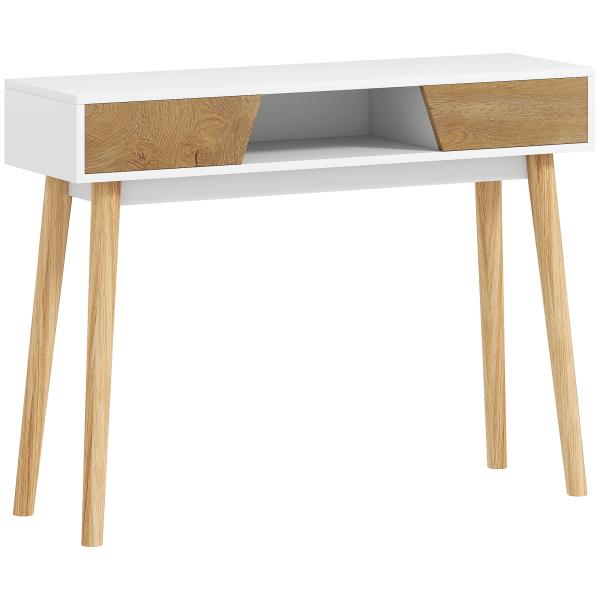Mesa de Consola Estreita Consola de Entrada Moderna com 2 Gavetas Compartimento e Pés de Madeira 100x30x75 cm Branco