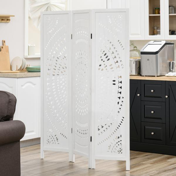 Biombo Dobrável de 3 Painéis de Madeira 120x170 cm Biombo Separador de Ambientes com Padrões Gravados Elegantes Branco