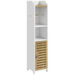 Armário Casa de Banho Moderno com Prateleiras e Suporte para Papel Higiénico 18x20x90 cm Branco e Madeira