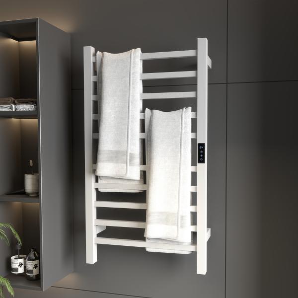 Toallero Elétrico de Parede 110W com Controlo WIFI Ecrã Tátil Temporizador 10 Barras Temperatura Ajustável Baixo Consumo IPX4 45x11x80 cm Branco