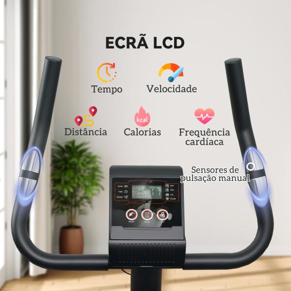 Bicicleta Estática com 8 Níveis de Resistência Magnética Sensor de Frequência Assento Ajustável Ecrã LCD 88x50,5x131,5 cm Preto