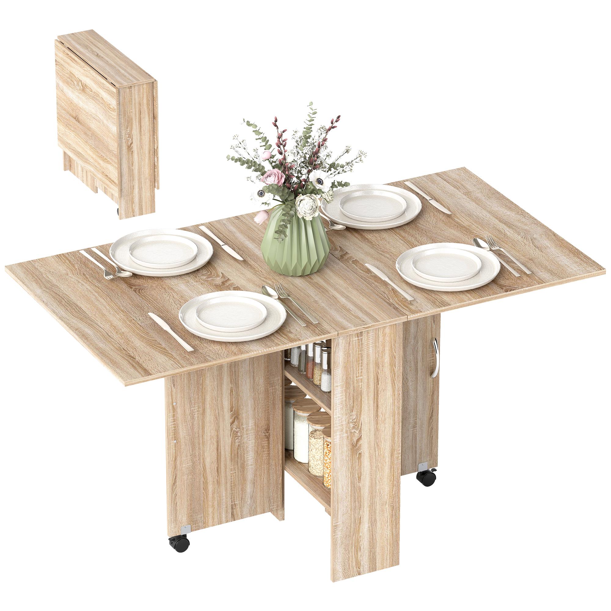 Mesa de Sala de Jantar Dobrável Mesa de Madeira com 2 Prateleiras de Armazenamento e Rodas para Cozinha 75x140x74 cm Madeira