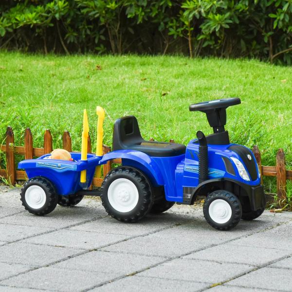 Trator para Crianças de 12 - 36 Meses com Reboque Removível Carro Andador com Buzina Farol Pá e Ancinho Carga 25kg 91x29x44cm Azul