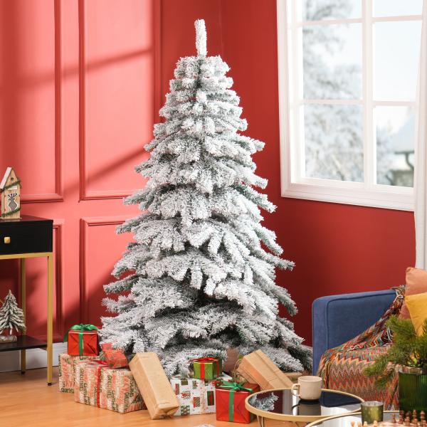 Árvore de Natal Ø116x180 cm Neve Artificial com 627 Pontas de PVC Base Dobrável e Suporte de Metal Decoração de Natal Verde e Branco