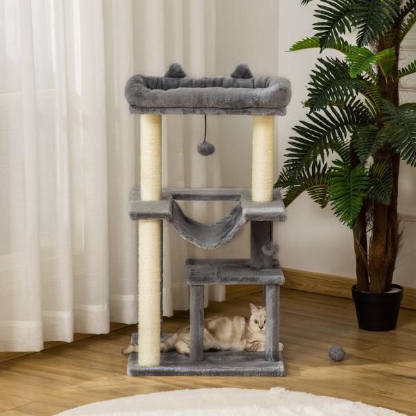 Arranhador para Gatos de 3 Níveis com Caverna Rede Plataforma Bolas Suspensas e Poste de Sisal 48x48x90 cm Cinza