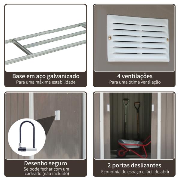 Abrigo de Jardim 213x130x185cm Abrigo de Jardim Metálico de Exterior com 2 Portas Deslizantes e 4 Janelas Cinza Claro