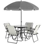 Conjunto de Mesa e Cadeiras de Jardim de 6 Peças com 4 Cadeiras Dobráveis Mesa de Vidro e Chapéu de Sol Creme