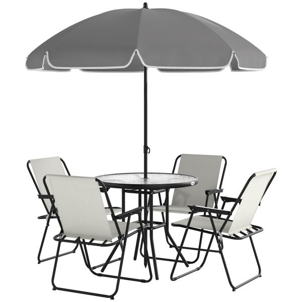 Conjunto de Mesa e Cadeiras de Jardim de 6 Peças com 4 Cadeiras Dobráveis Mesa de Vidro e Chapéu de Sol Creme
