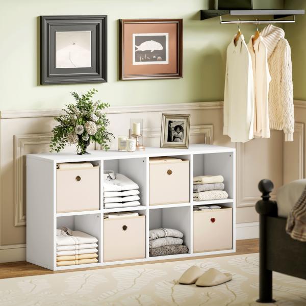 Estante Cubo Estante de Armazenamento Horizontal ou Vertical com 8 Compartimentos e 4 Gavetas de Tecido 53,7x30x79,8 cm Branco e Bege