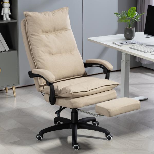 Cadeira de Secretária com Massagem, Altura Regulável, Encosto Reclinável, Apoio para os Pés, Giratória 360°, Bege