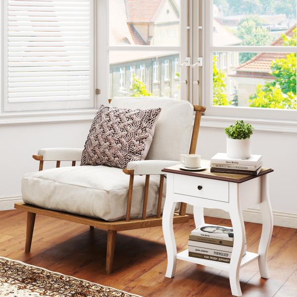 Conjunto de 2 Mesas de Cabeceira com Gaveta Estante Aberto e Bancada Efeito Carvalho Estilo Francês 45x35x55 cm Branco e Carvalho