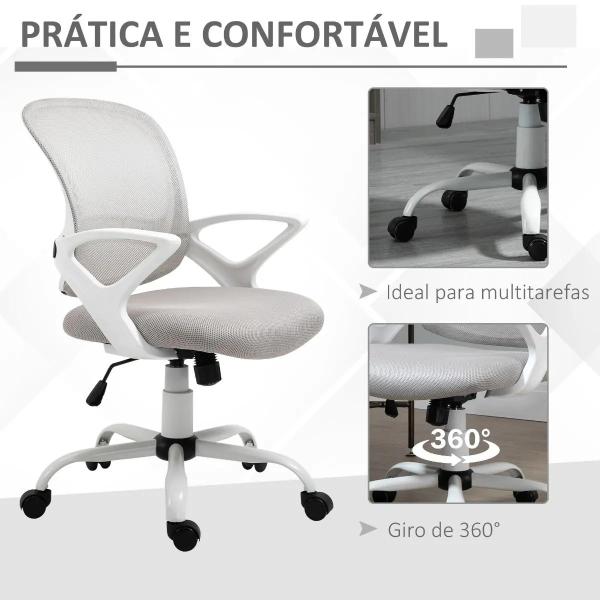 Cadeira de Oficina Ergonômica Basculante com Altura Ajustável Assento Giratório 360° Suporte Lombar e Malha Transpirável 61x61x89 - 99cm Cinza e Branco