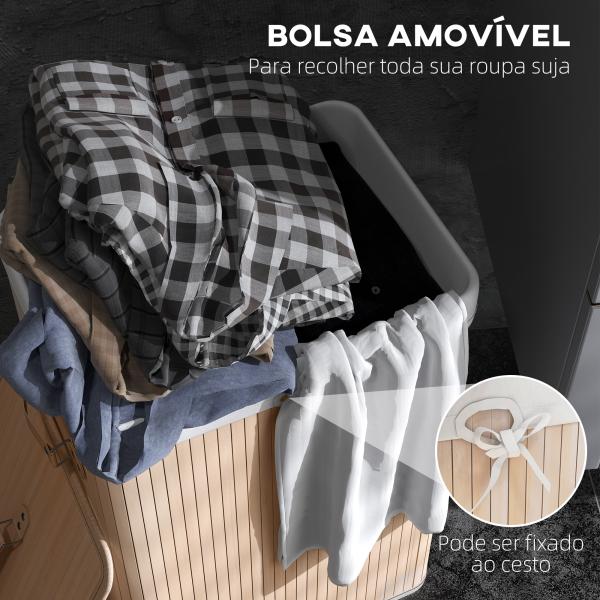 Cesto de Roupa de Bambu Dobrável Cesto para Roupa Suja com Tampa e Bolsa Amovível 40x30x60 cm Bambu