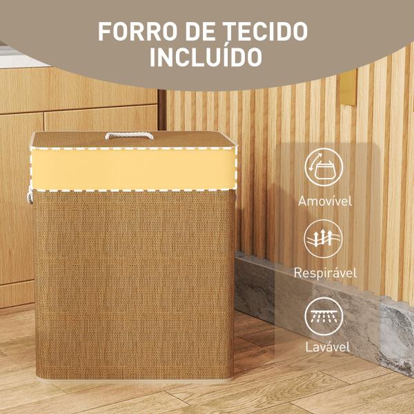 Cesto de Roupa com Tampa 100L de Bambu com 2 Compartimentos Bolsa Interior Amóvivel 52x32x63 cm Marrom e Creme