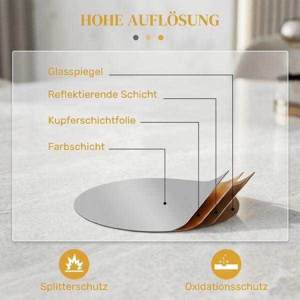 Espelho Decorativo de Parede Adorno de Parede Metálico Ø65 cm com Ganchos para Sala de Estar Quarto Corredor Dourado