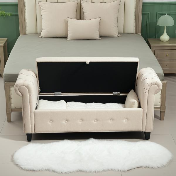 Banco de Pé de Cama de Linho com Dobradiças na Tampa Pés de Madeira e Apoio para os Braços 146,5x49x74,5 cm Bege