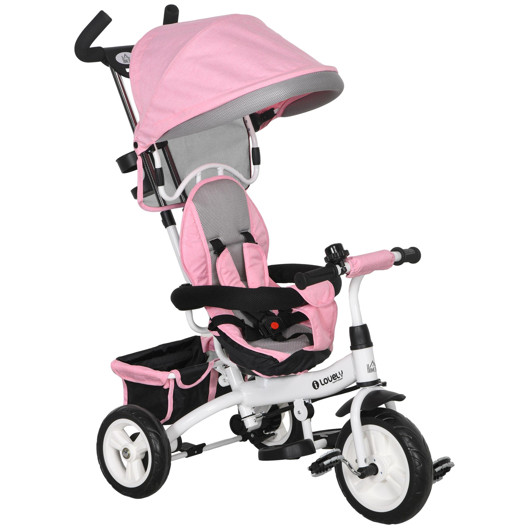 Triciclo Evolutivo para Bebés de +12 Meses 2 em 1 com Toldo Dobrável Guiador Cinto de Segurança e Cesto 95x50x106 cm Rosa