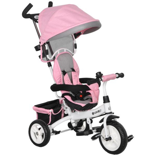 Triciclo Evolutivo para Bebés de +12 Meses 2 em 1 com Toldo Dobrável Guiador Cinto de Segurança e Cesto 95x50x106 cm Rosa