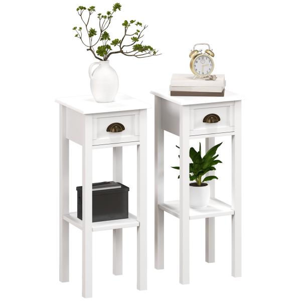 Conjunto de 2 Mesas Auxiliares Mesas de Cabeceira com Gaveta e Prateleira de Armazenamento para Quarto 30x30x75 cm Branco
