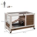 Coelheira de Madeira Gaiola de para Pequenos Animais Portátil com Teto Abatível Rampa Bandeja Removível 90x53x59cm Marrom