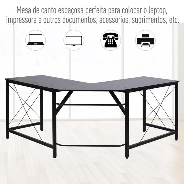 Secretária em Forma de L Secretária para Escritório com Estrutura de Metal Secretária de Canto 150x150x76 cm Preto