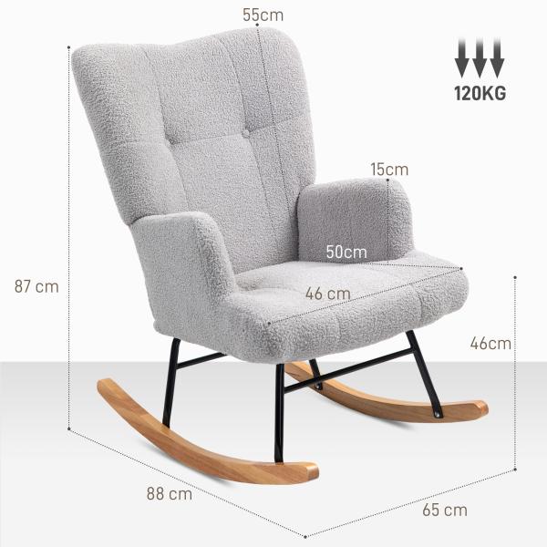 Poltrona Baloiço em Borrego Poltrona para Amamentação com Encosto Capitonê e Base de Madeira 65x88x87 cm Cinza Claro