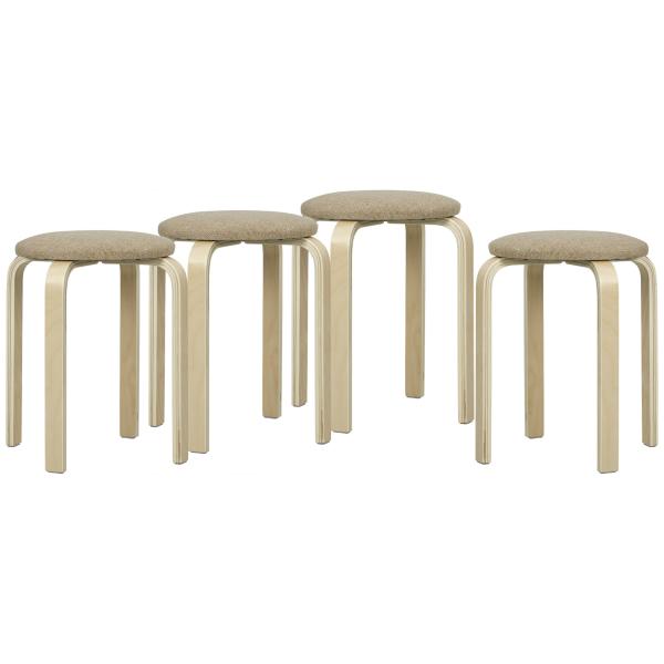 Conjunto de 4 Bancos Empilháveis Redondos Bancos Baixos de Cozinha com Assento Acolchoado Ø40x45 cm Caqui e Madeira