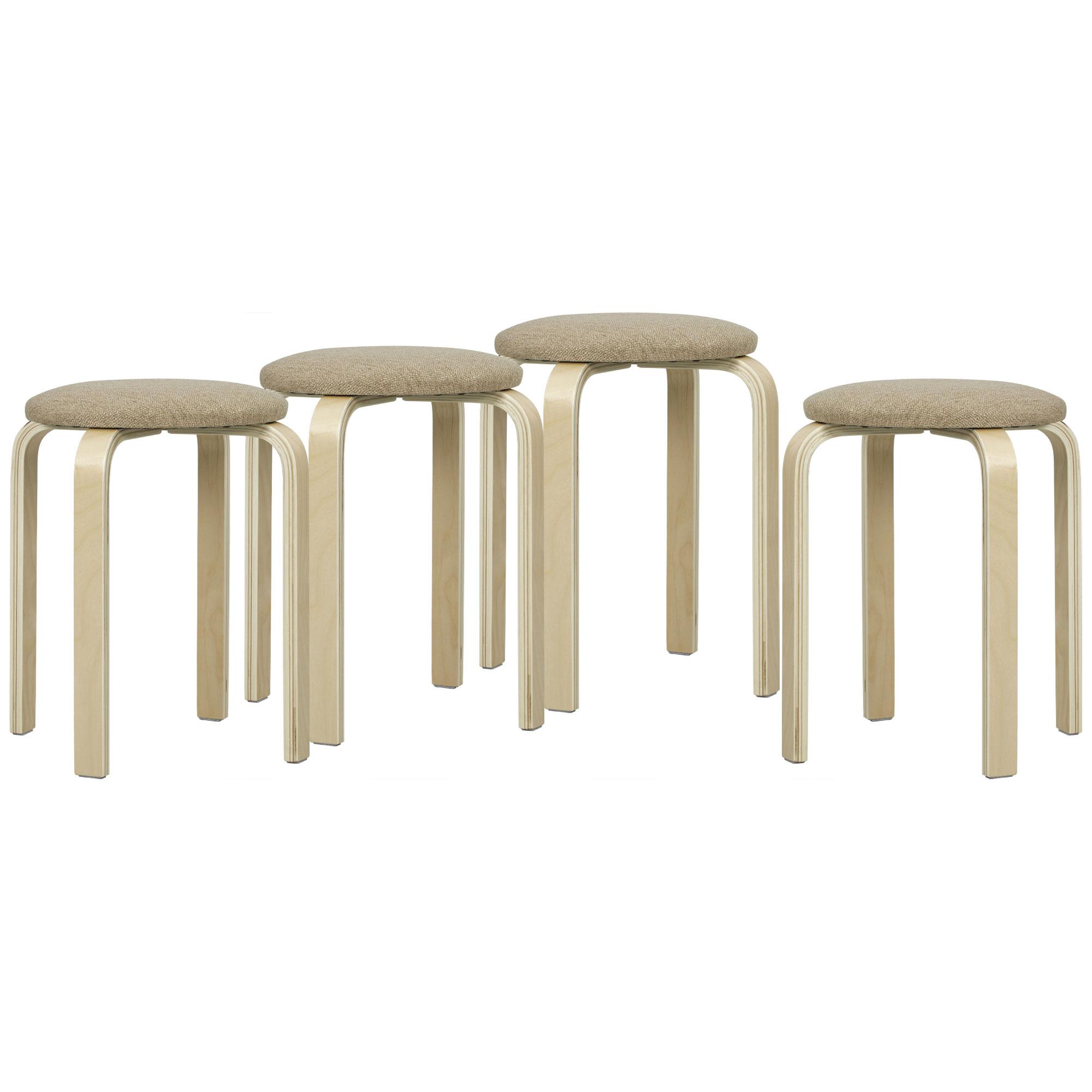 Conjunto de 4 Bancos Empilháveis Redondos Bancos Baixos de Cozinha com Assento Acolchoado Ø40x45 cm Caqui e Madeira