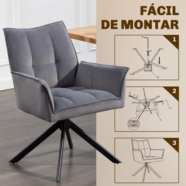 Conjunto de 2 Cadeiras de Refeição Giratórias 360° Estofado Estofamento em Veludo Pés em Aço 63x64x85 cm Cinza