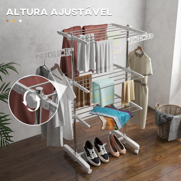 Estendal para Roupa Dobrável 80x55x152cm com 6 Rodas e 3 Prateleiras com Altura Ajustável de Aço Inoxidável Prateado
