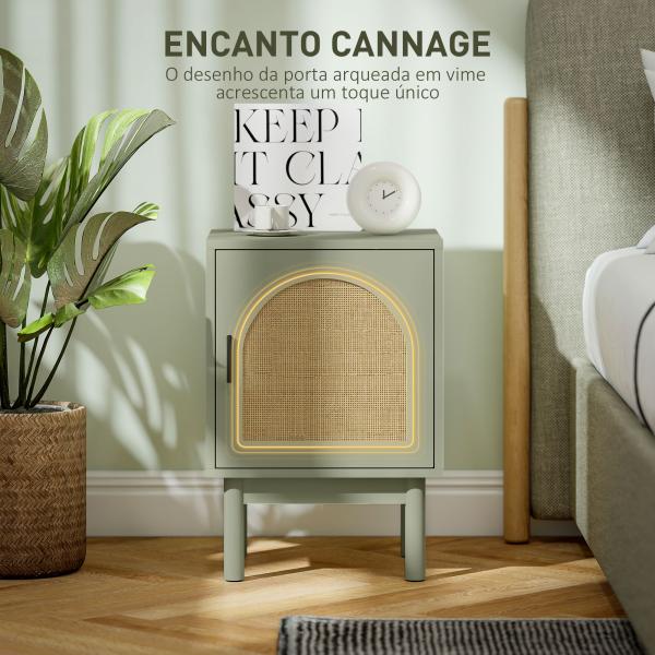 Mesa de Cabeceira com Porta de Vime Prateleira Ajustável e Pés de Madeira Estilo Boémio Mesa Auxiliar 40x35x58 cm Verde