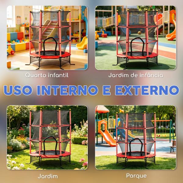 Trampolim para Crianças com Rede de Segurança e Estrutura de Aço para Interiores e Exteriores Carga 50 kg Ø163x190 cm Vermelho