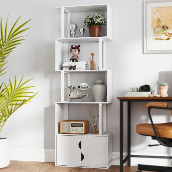 Estante de 5 Níveis em Forma de S Estante de Livros com 5 Prateleiras e 2 Portas 60x23,8x179,2 cm Branco