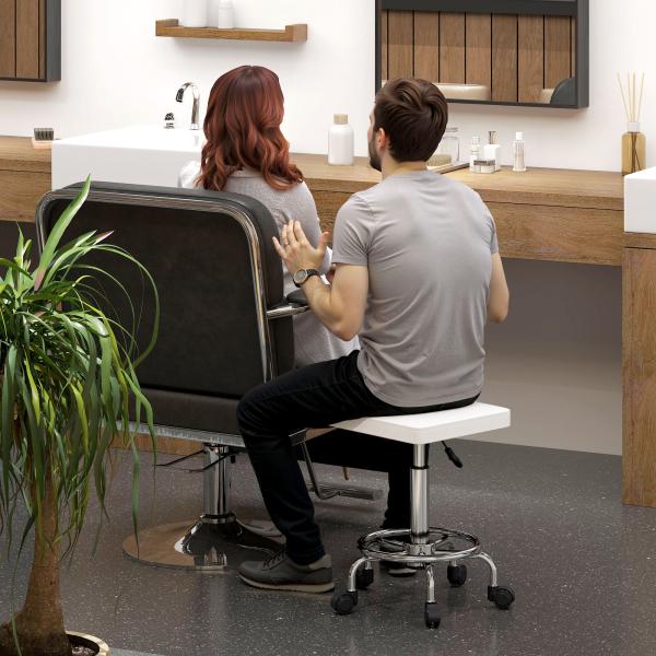 Banco Giratório com Rodas Altura Regulável 50 - 66 cm Assento Estofado em Imitação de Couro 34x34x50 - 66 cm Branco