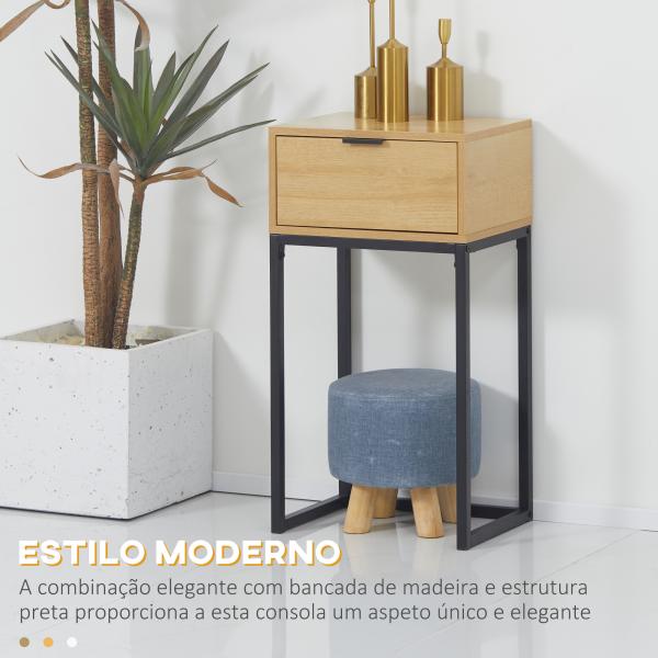 Mesa Consola com Gaveta Consola Moderna Mesa de Entrada com Pés de Aço 40x30x76 cm Madeira e Preto