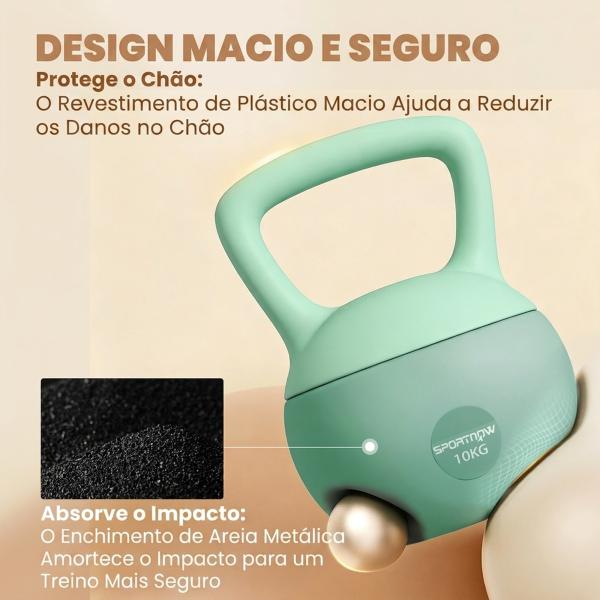 Kettlebell de 10 kg Pesa Russa Preenchida de Areia Metálica e Alça Antiderrapante para Treino em Casa Ginásio 21x21x30 cm Verde