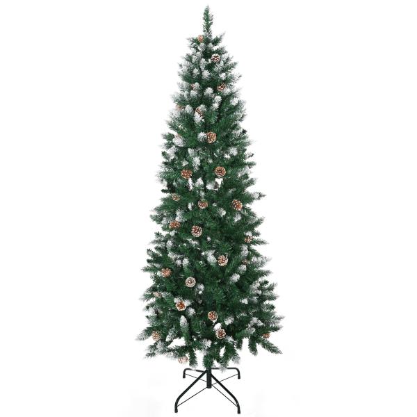 Árvore de Natal Artificial Nevada 180 cm com 508 Ramos 49 Pinhas Base Dobrável e Suporte de Aço Ø73x180 cm Verde e Branco