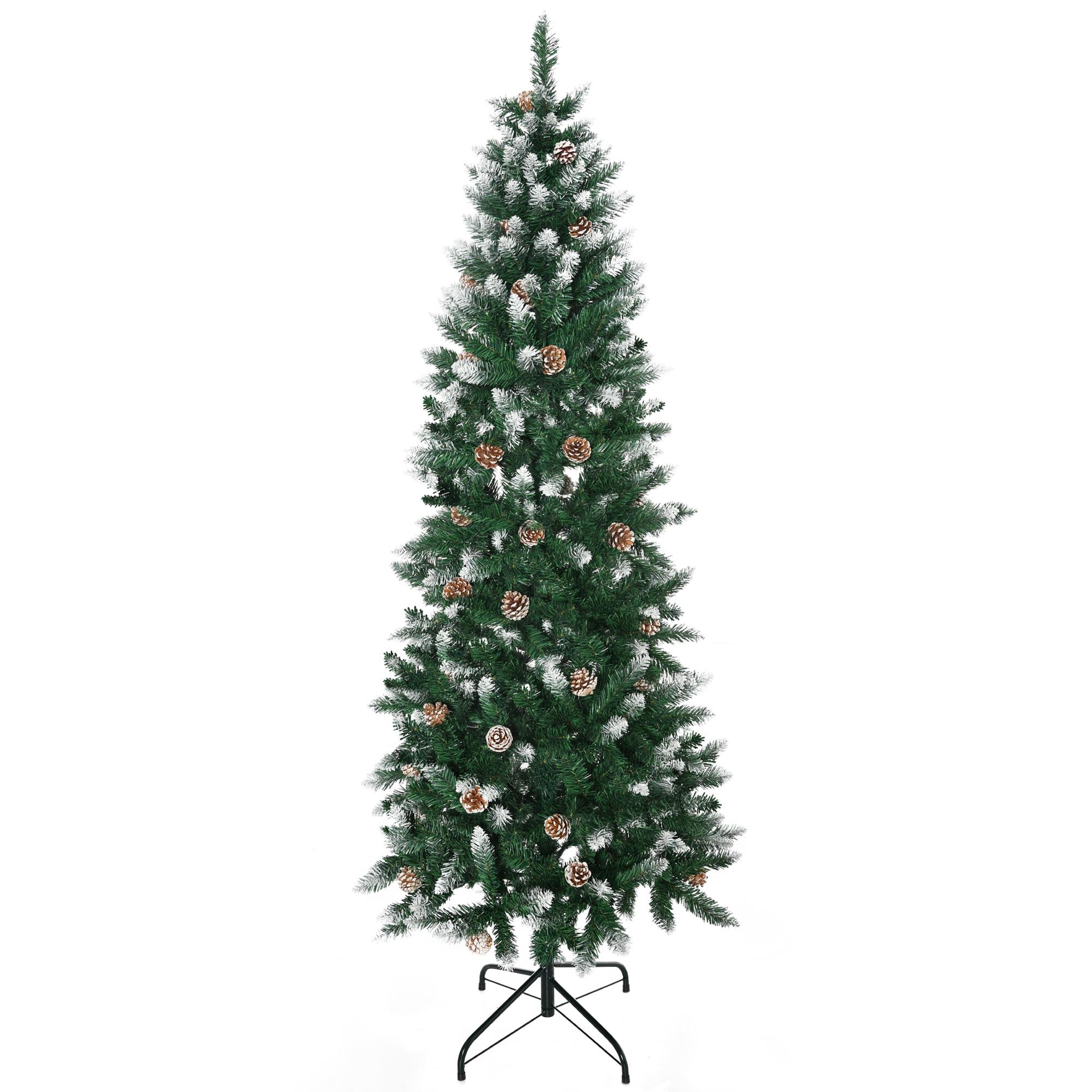 Árvore de Natal Artificial Nevada 180 cm com 508 Ramos 49 Pinhas Base Dobrável e Suporte de Aço Ø73x180 cm Verde e Branco