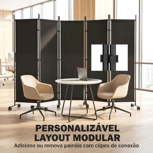 Biombo Dobrável de 5 Painéis com 12 Rodas 252x170 cm Biombo Separador de Ambientes Preto