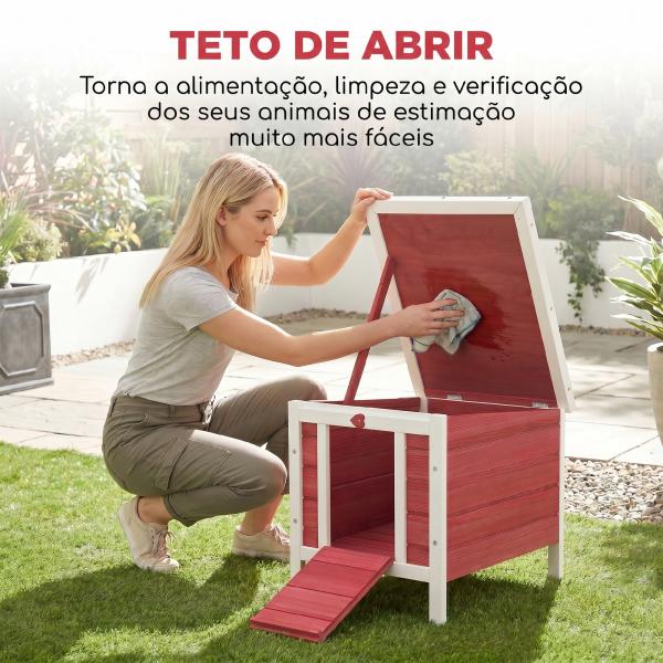 Coelheira de Madeira Exterior Coelheira para Roedores Animais de Estimação Pequenos com Teto Asfáltico e Rampa Antiderrapante 42x51x43cm Vermelho