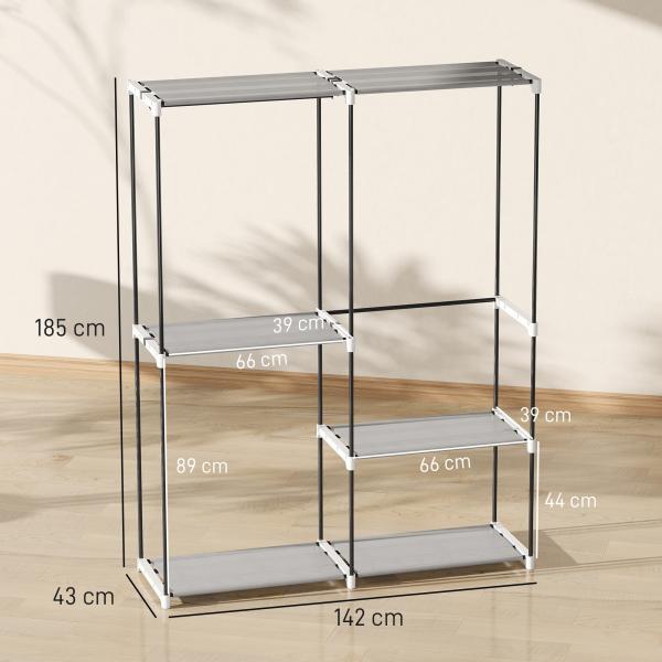 Armário de Roupa Aberto 142x43x185 cm Armário para Roupas com 4 Prateleiras de Tecido 3 Barras para Pendurar Cinzento