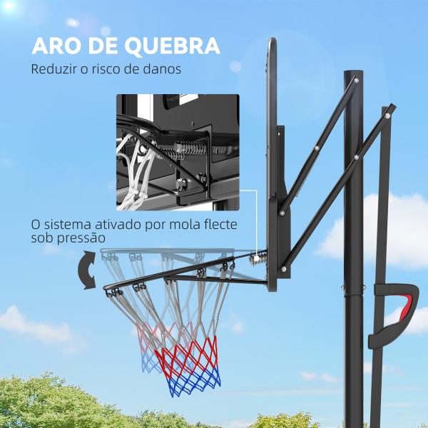 Tabela de Basquetebol de Exterior com Altura Ajustável Suporte Rodas Base Recarregável e Bolsa de Peso 90x60x305 cm Preto