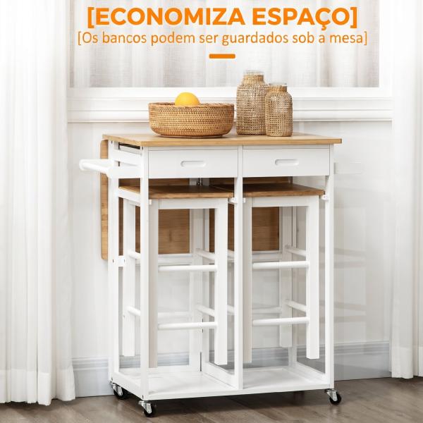 Conjunto de Mesa Alta de Bar e 2 Bancos com Rodas Mesa Dobrável de Cozinha com Bancos 86x75,5x83,5 cm Natural