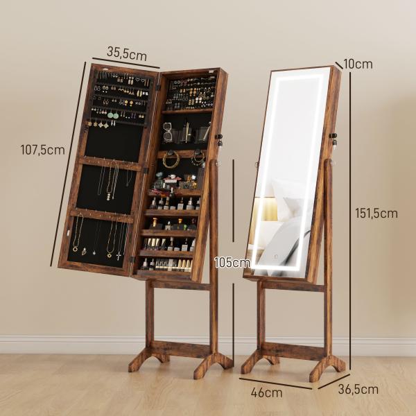 Joalheiro de Pé Armário para Jóias com Fita de Luz LED e Fechadura Magnética 46x36,5x151,5 cm Madeira