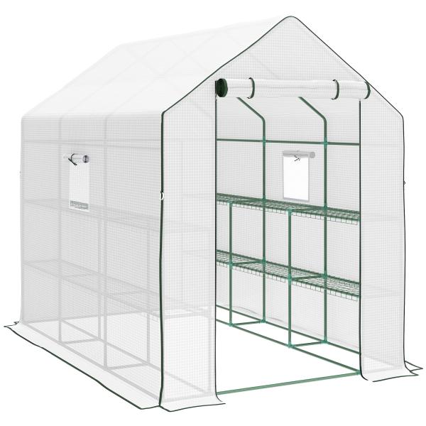 Estufa de Jardim de 3 Níveis com 12 Prateleiras Porta Enrolável Janelas Anti - UV Cobertura de PE 140x213x190 cm Branco