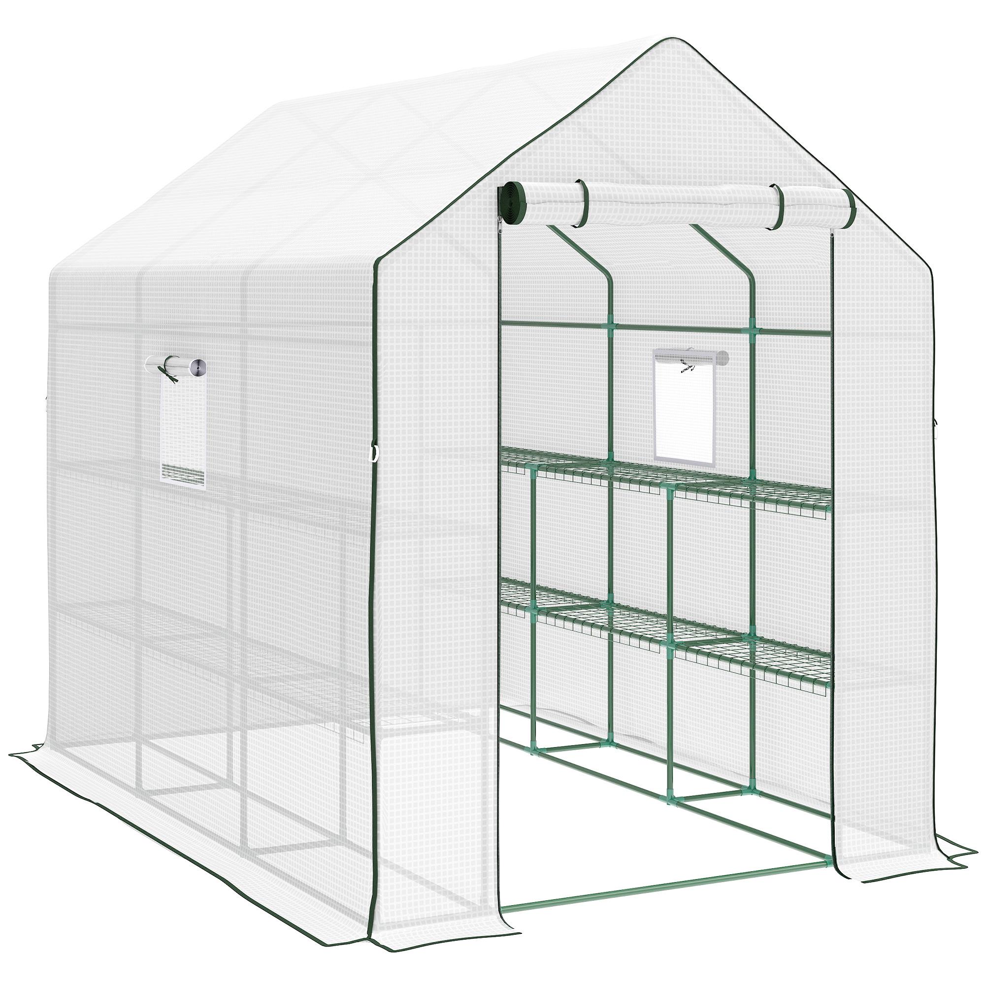 Estufa de Jardim de 3 Níveis com 12 Prateleiras Porta Enrolável Janelas Anti - UV Cobertura de PE 140x213x190 cm Branco