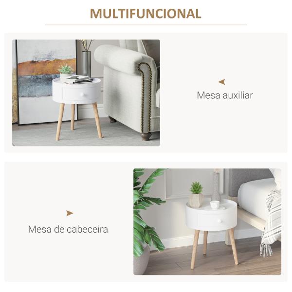Mesa Apoio Redonda com 1 Gaveta Borda Elevada e 3 Pés de Madeira Estilo Moderno Ø38x45 cm Branco