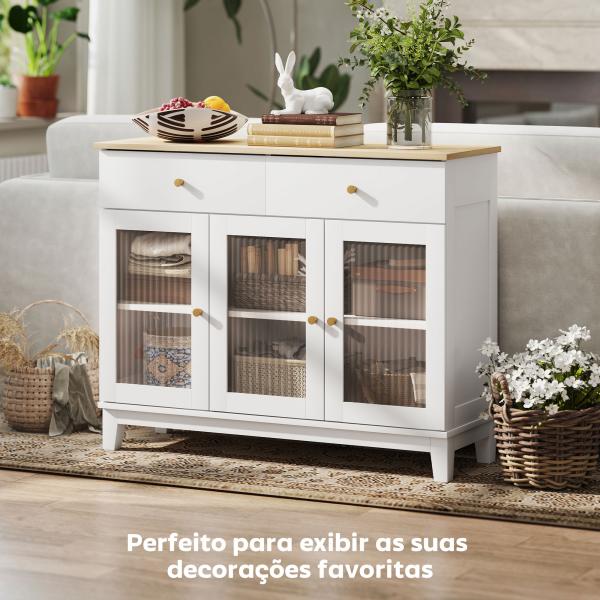 Aparador Branco 3 Portas de Vidro Aparador Sala de Estar Moderno com 2 Gavetas e Prateleiras Ajustáveis 100x35x80,3 cm