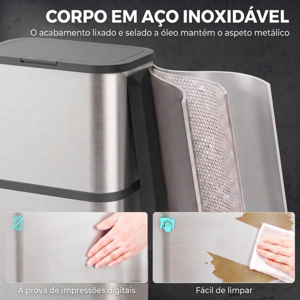 Caixote do Lixo 60 L em Aço Inoxidável, Estreito, com Suporte para Sacos, Tampa de Fecho Suave e Abertura por Toque, Prateado