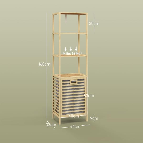 Estante de Casa de Banho em Bambu com 3 Prateleiras e 1 Cesto para Roupa Suja Removível 44x33x160 cm Natural